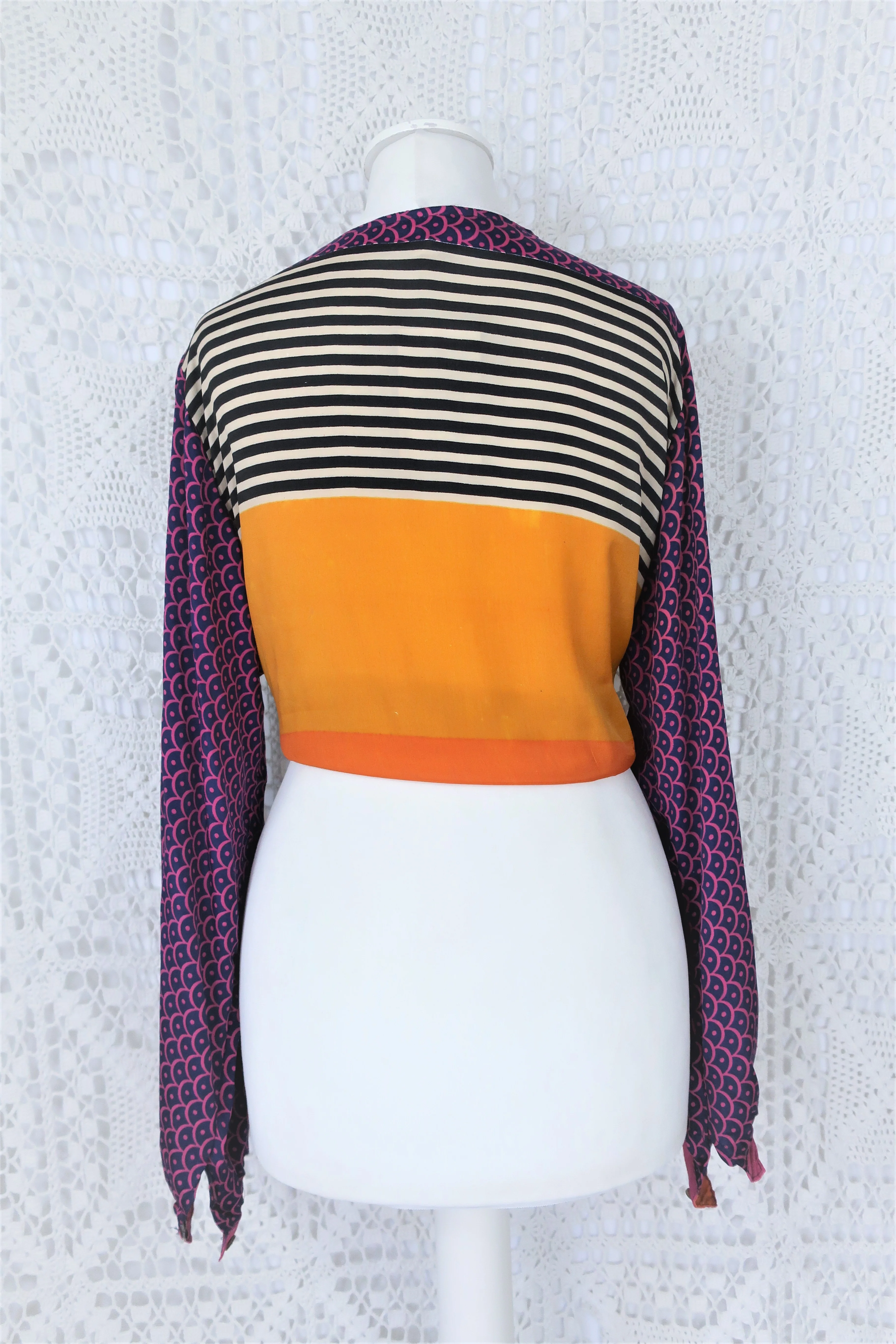 Lola Bohemian Wrap Top - Vintage Indian Sari - Deep Blue, Fuchsia & Ivory Motif - M/L - Image 4