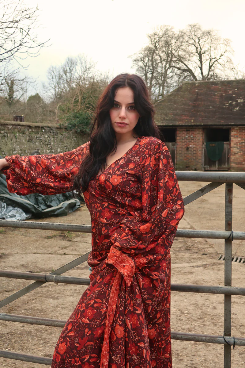 Lola Folklore Floral Wrap Dress in Cedar Red - Image 4