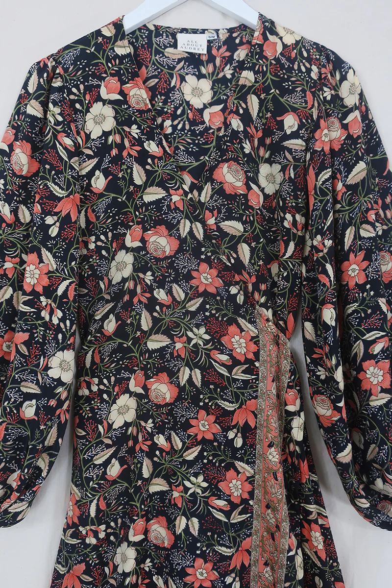 Lola Folklore Floral Wrap Dress in Hemlock Black - Image 3