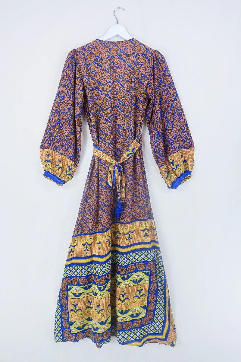 Lola Long Wrap Dress - Ginger & Indigo Psychedelic - Vintage Indian Sari - Size S/M - Image 3