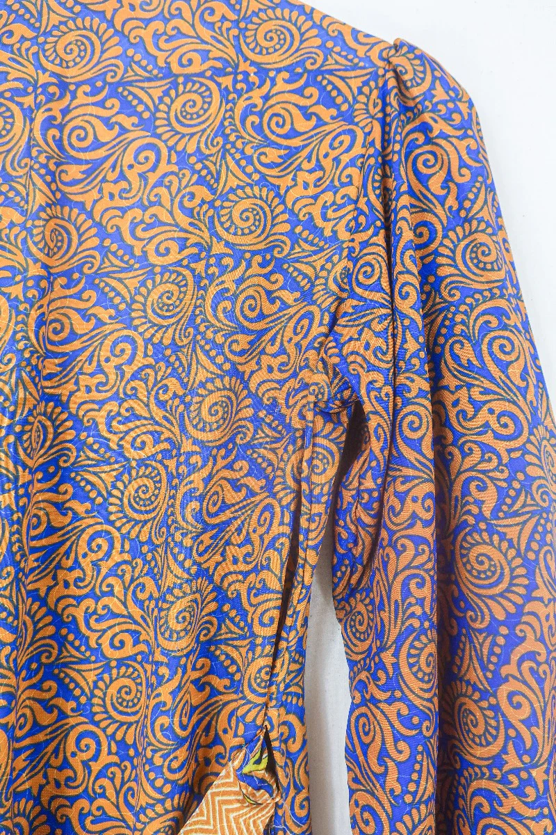 Lola Long Wrap Dress - Ginger & Indigo Psychedelic - Vintage Indian Sari - Size S/M - Image 4