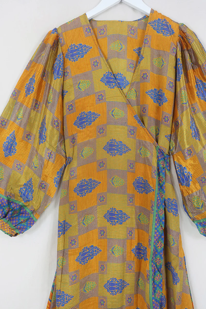 Lola Wrap Dress - Retro Gold, Rust & Indigo Patchwork - Size S/M - Image 2
