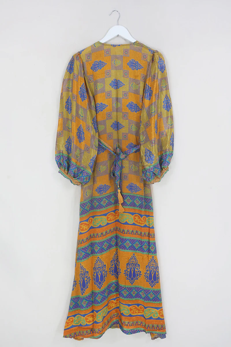 Lola Wrap Dress - Retro Gold, Rust & Indigo Patchwork - Size S/M - Image 3