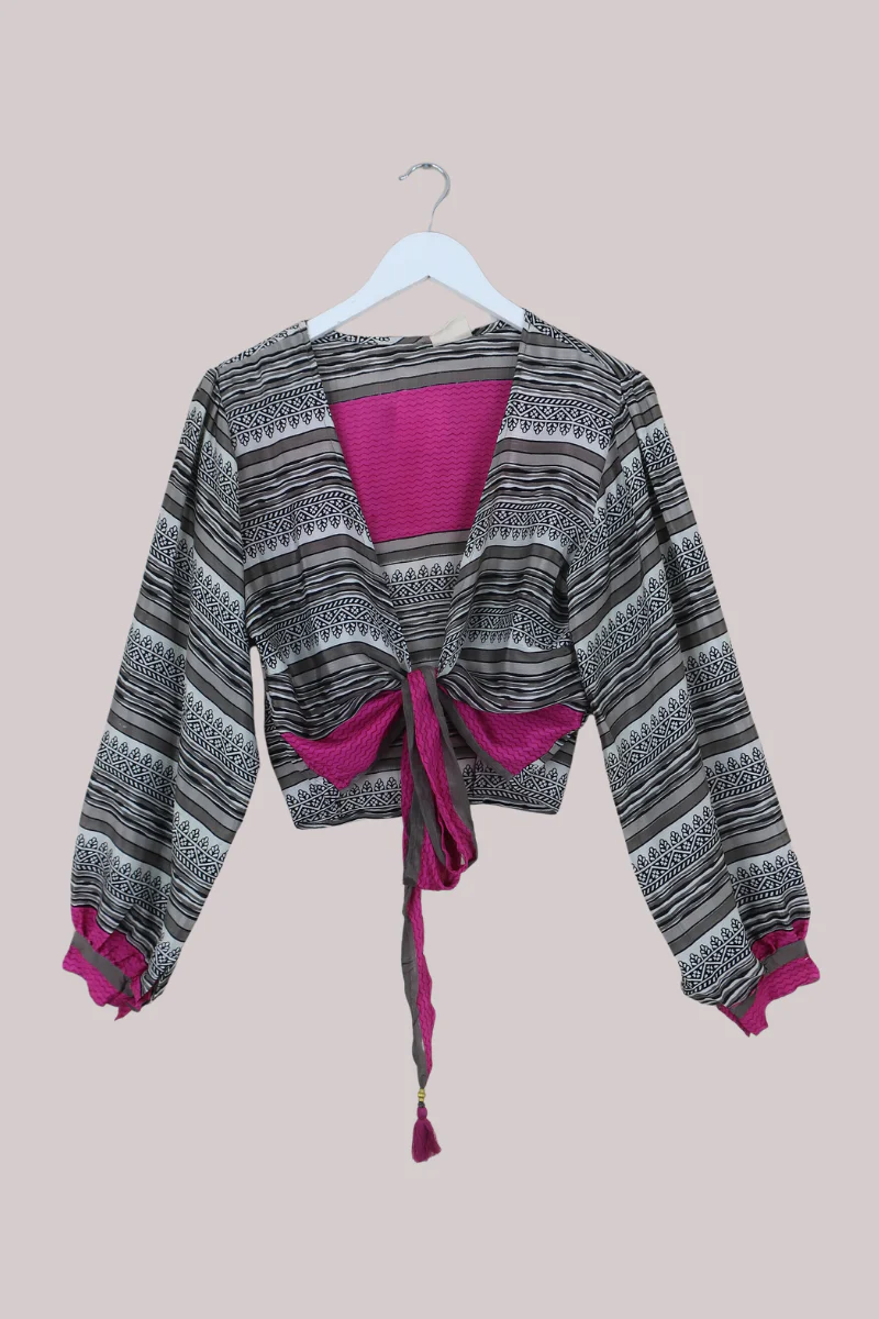 Lola Wrap Top in Monochrome Floral Stripe - Size M/L