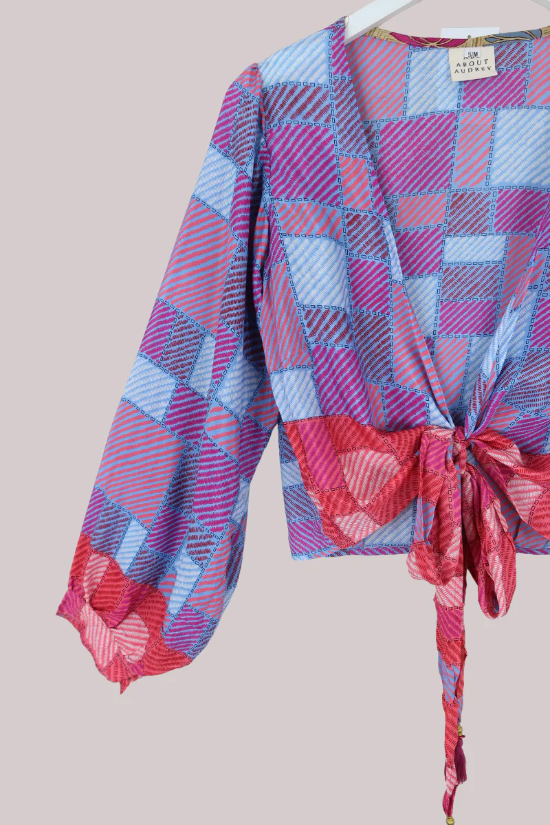 Lola Wrap Top in Patchwork Lilac & Peony Pink - Size S/M - Image 2