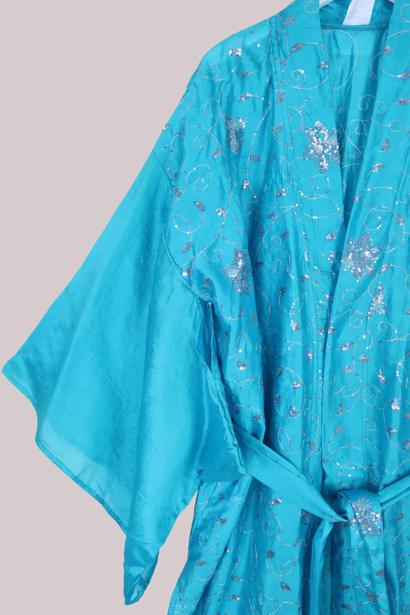 Lotus Embroidered Pure Silk Robe - Aquamarine & Silver Sequins - Free Size - Image 2