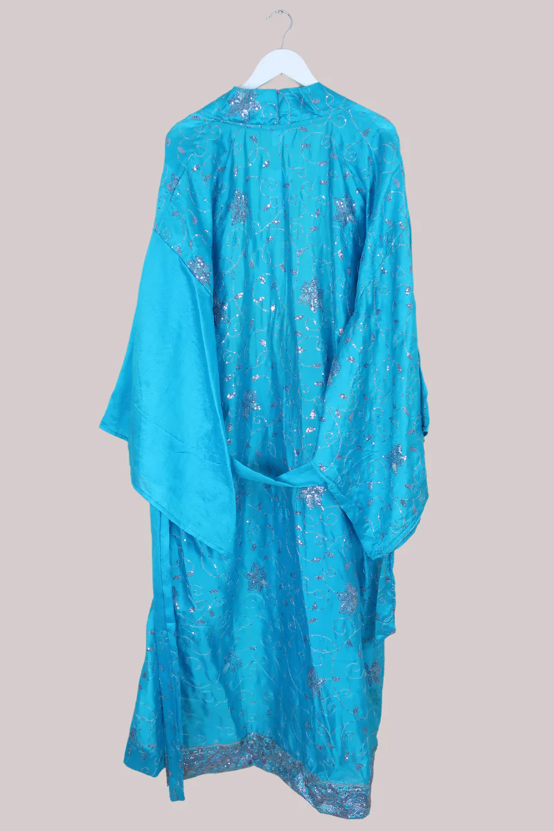 Lotus Embroidered Pure Silk Robe - Aquamarine & Silver Sequins - Free Size - Image 3