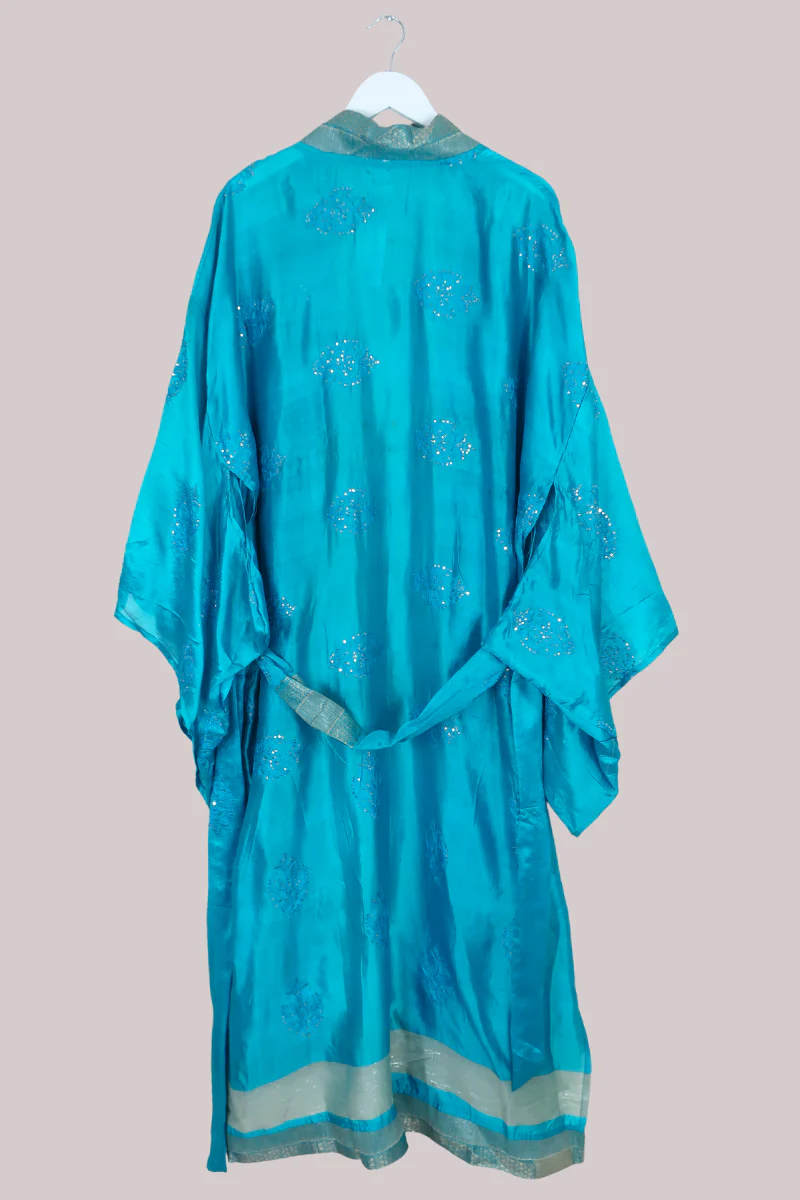 Lotus Embroidered Pure Silk Robe - Azure Blue Motif - Free Size - Image 3