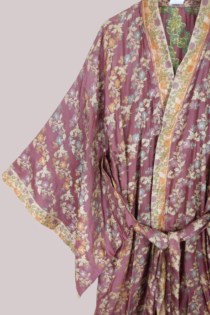Lotus Embroidered Pure Silk Robe - Deep Mauve Hibiscus - Free Size - Image 2