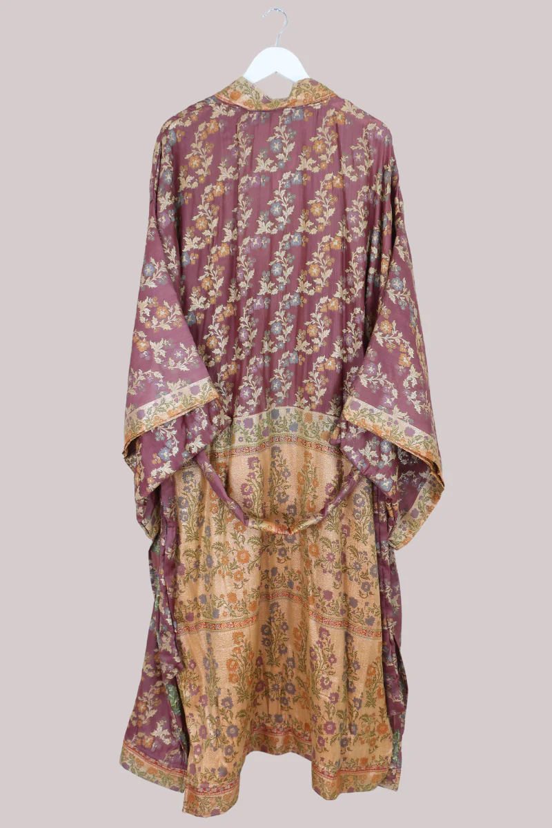 Lotus Embroidered Pure Silk Robe - Deep Mauve Hibiscus - Free Size - Image 3