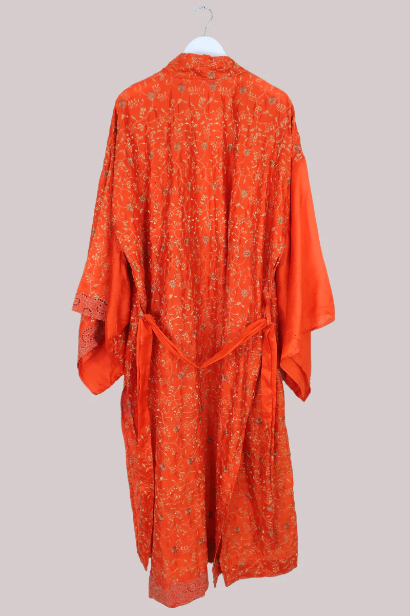 Lotus Embroidered Pure Silk Robe - Tangerine & Gold Florals - Free Size - Image 3