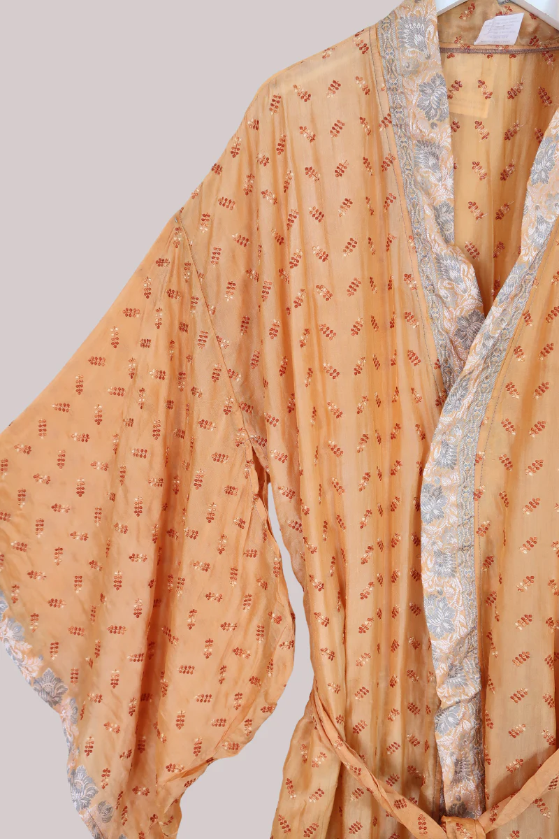 Lotus Embroidered Pure Silk Robe - Apricot Lavender Spritz - Free Size - Image 2