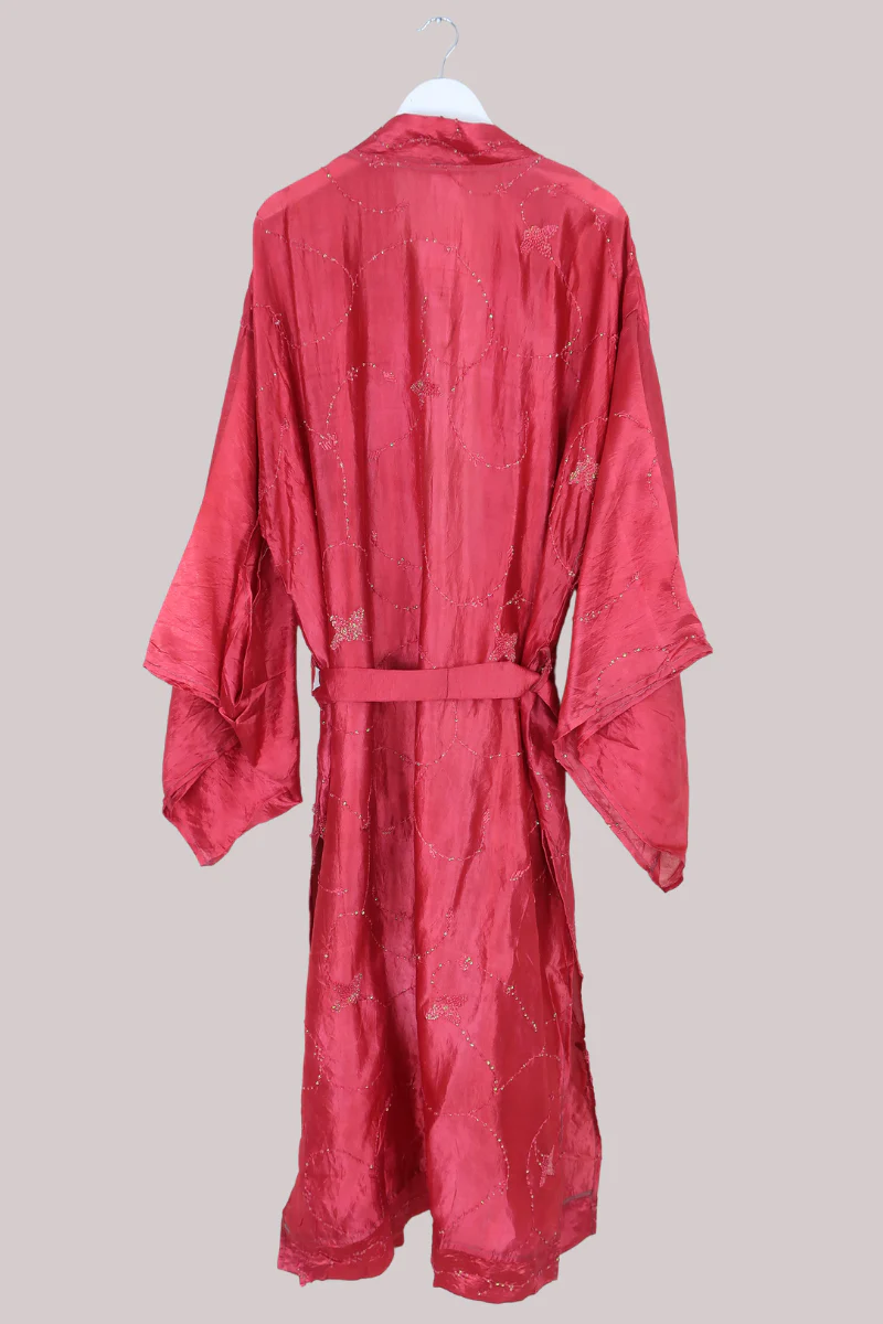 Lotus Embroidered Pure Silk Robe - Crimson Blossom - Free Size - Image 3
