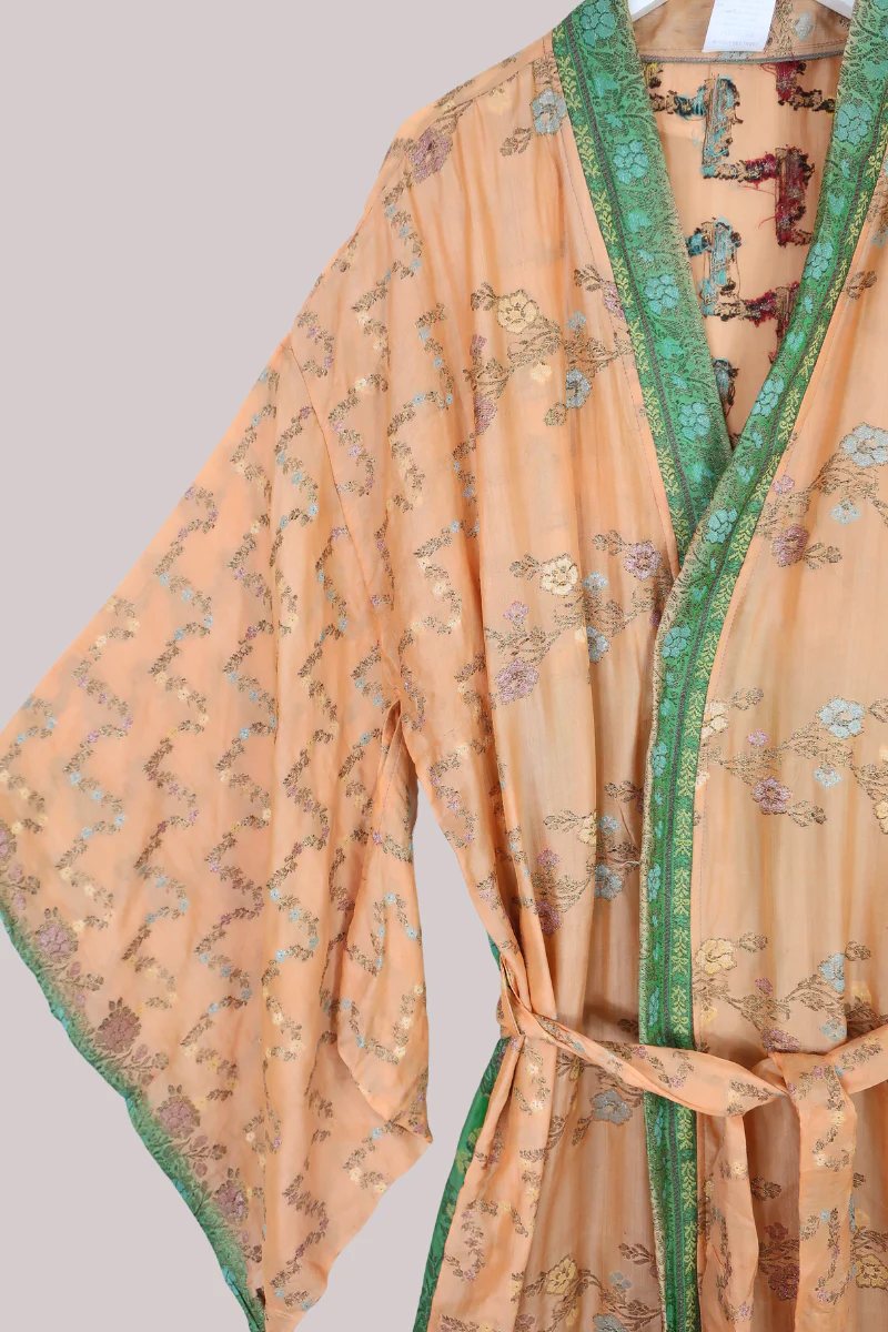 Lotus Embroidered Pure Silk Robe - Fiona Shimmering Floral - Free Size - Image 2