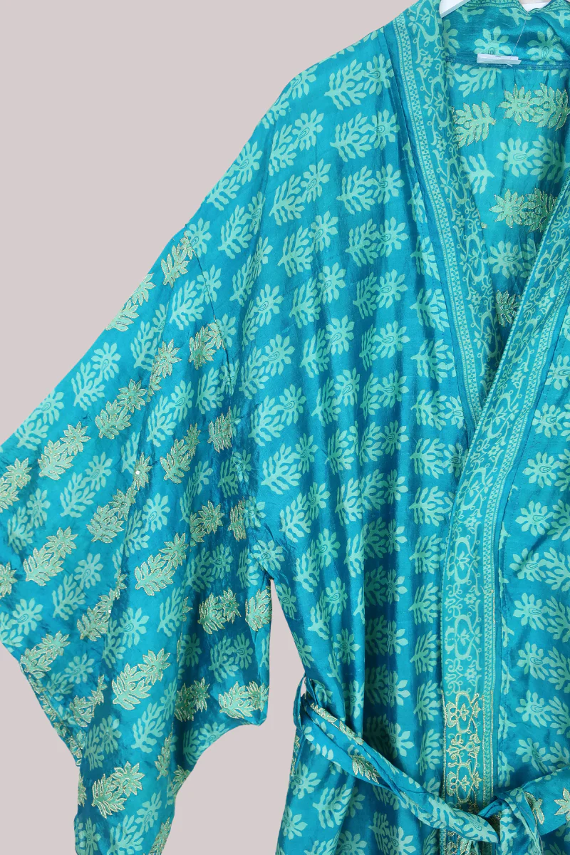 Lotus Embroidered Pure Silk Robe - Golden Teal Pool - Free Size - Image 2