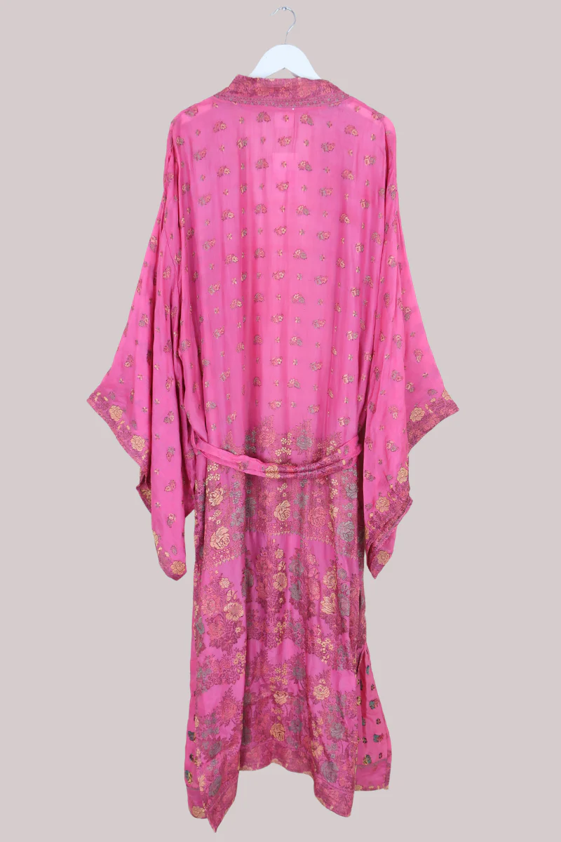 Lotus Embroidered Pure Silk Robe - Shimmering Pink Dahlia - Free Size - Image 3