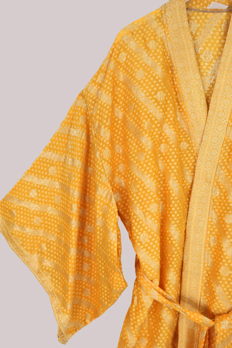 Lotus Embroidered Pure Silk Robe - Sunkissed Yellow Polka - Free Size - Image 2