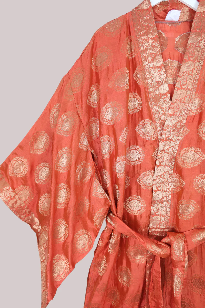 Lotus Embroidered Pure Silk Robe - Sunset Orange & Gold Motif - Free Size - Image 2
