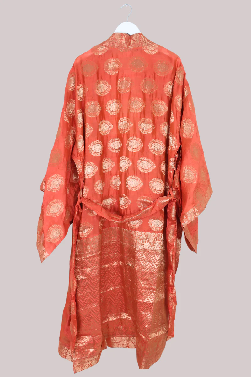 Lotus Embroidered Pure Silk Robe - Sunset Orange & Gold Motif - Free Size - Image 3