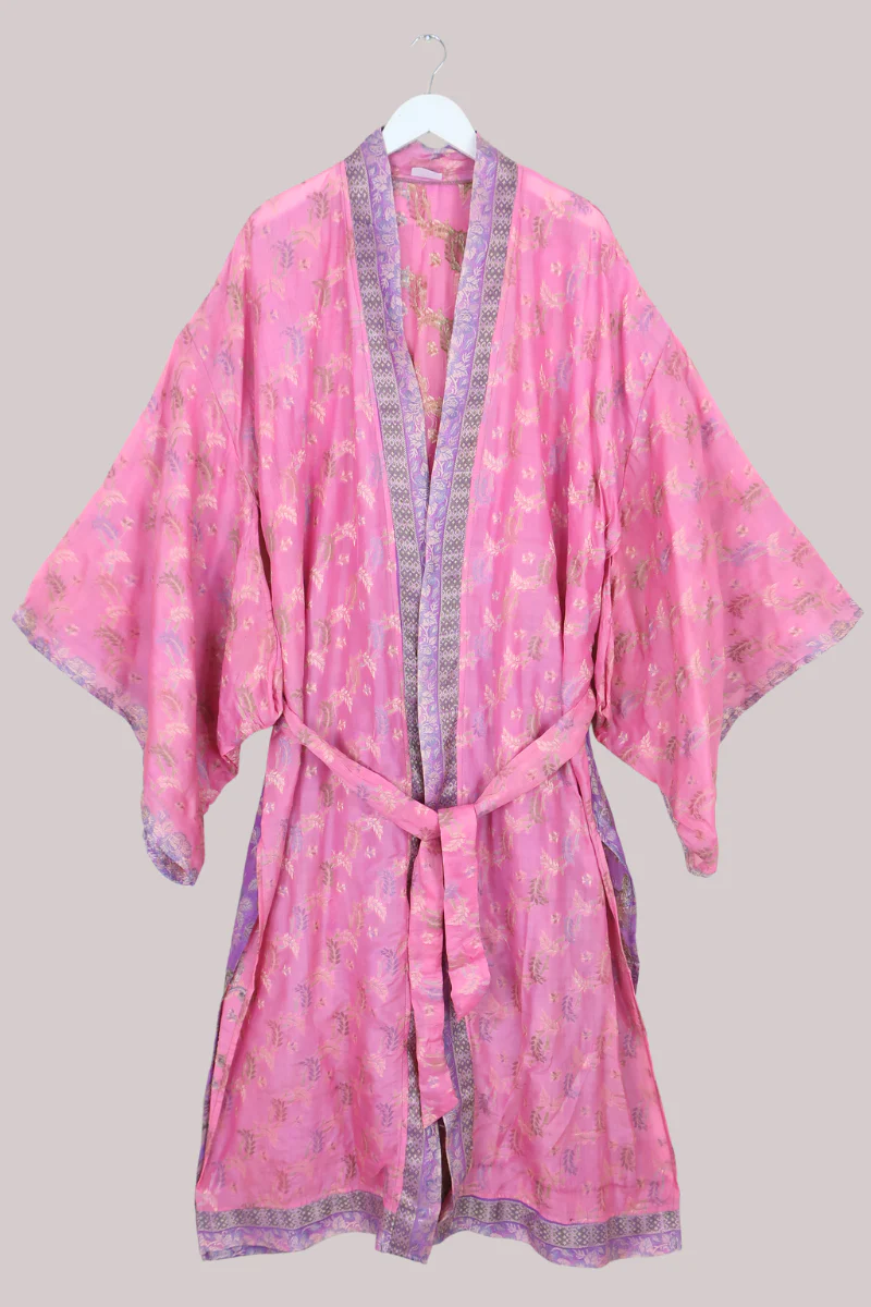 Lotus Embroidered Pure Silk Robe - Watercolour Pink Florals - Free Size