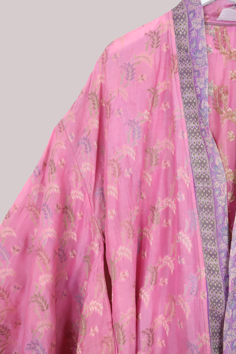 Lotus Embroidered Pure Silk Robe - Watercolour Pink Florals - Free Size - Image 2