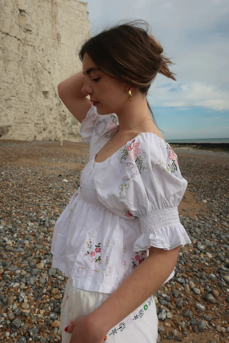 Lucia Vintage Tablecloth Ruched Top in Baby Blue & Pink Floral Bunting - Image 3