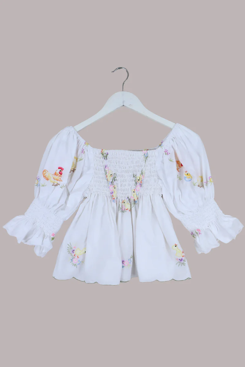Lucia Vintage Tablecloth Ruched Top in Butter Yellow Chicks
