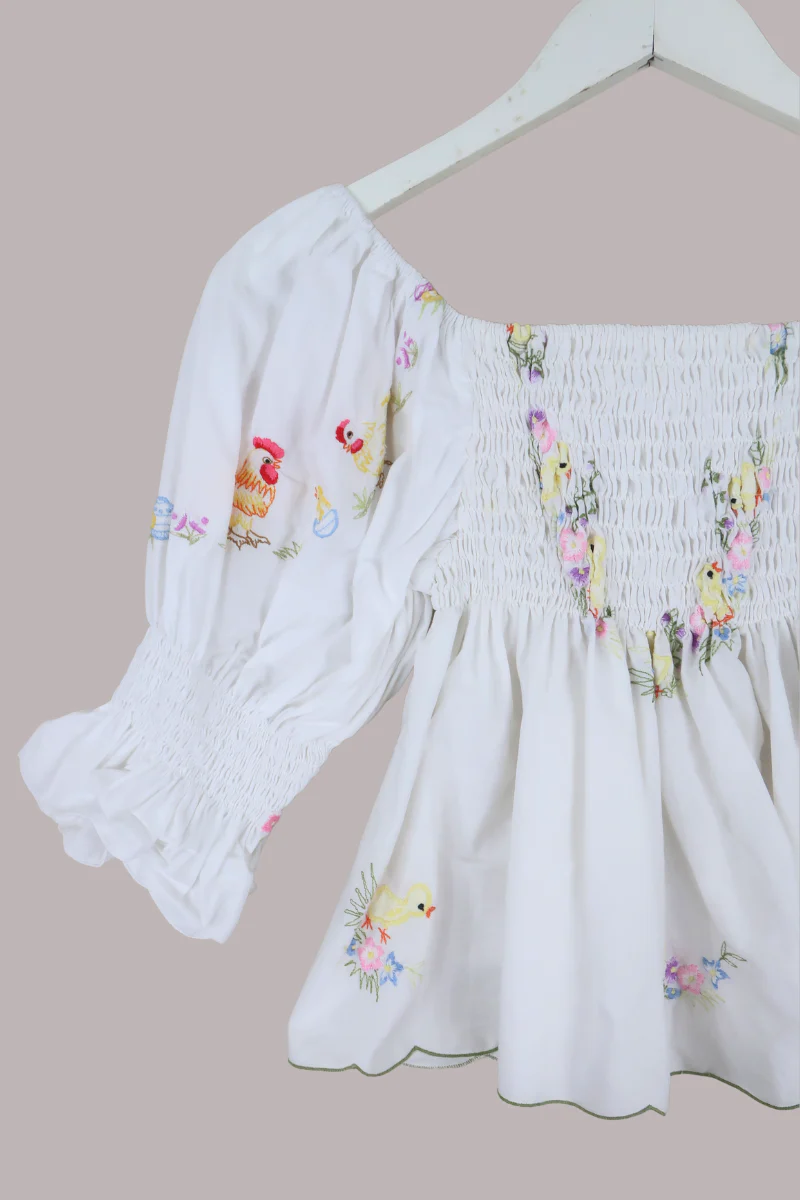 Lucia Vintage Tablecloth Ruched Top in Butter Yellow Chicks - Image 2