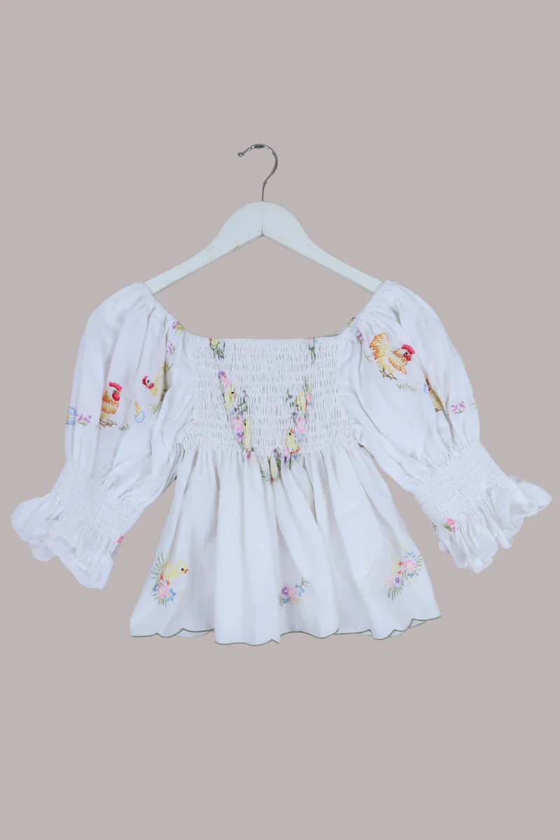 Lucia Vintage Tablecloth Ruched Top in Butter Yellow Chicks - Image 3