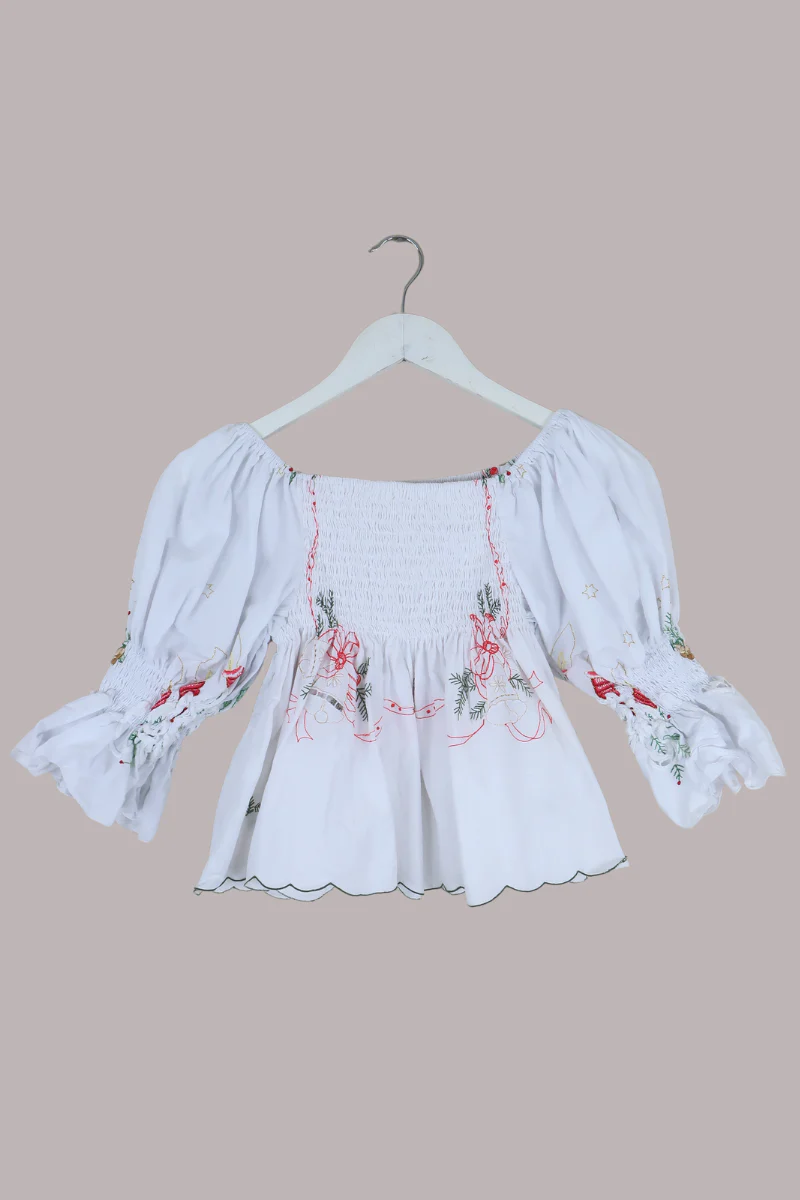 Lucia Vintage Tablecloth Ruched Top in Candle in the Wind Red
