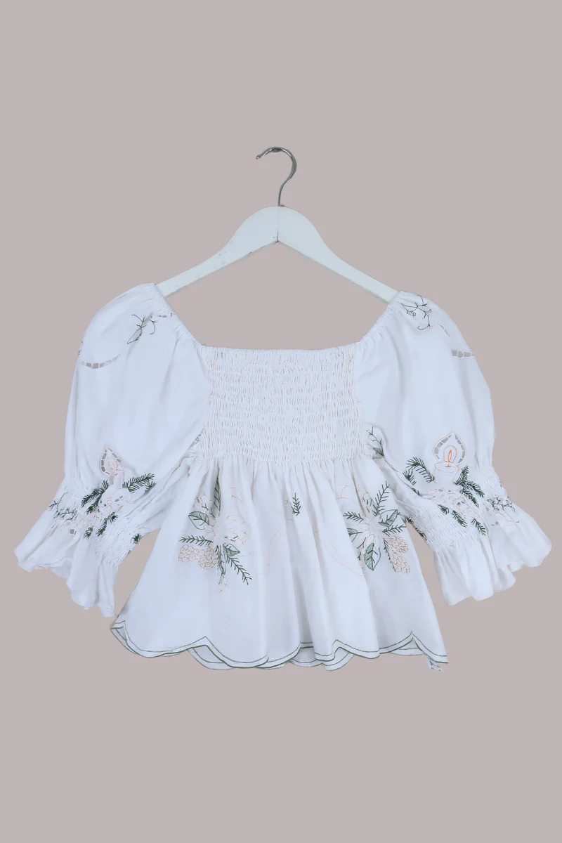 Lucia Vintage Tablecloth Ruched Top in Golden Blossoms
