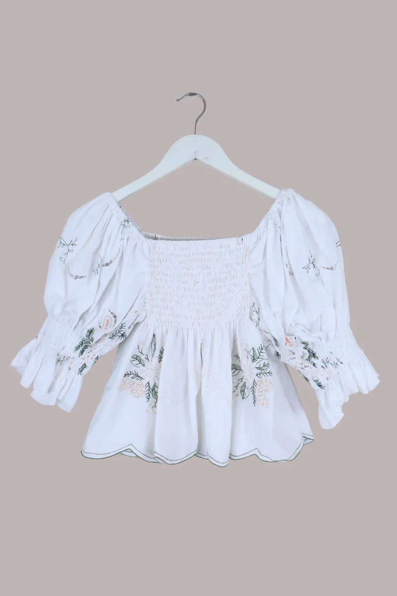 Lucia Vintage Tablecloth Ruched Top in Golden Blossoms - Image 3