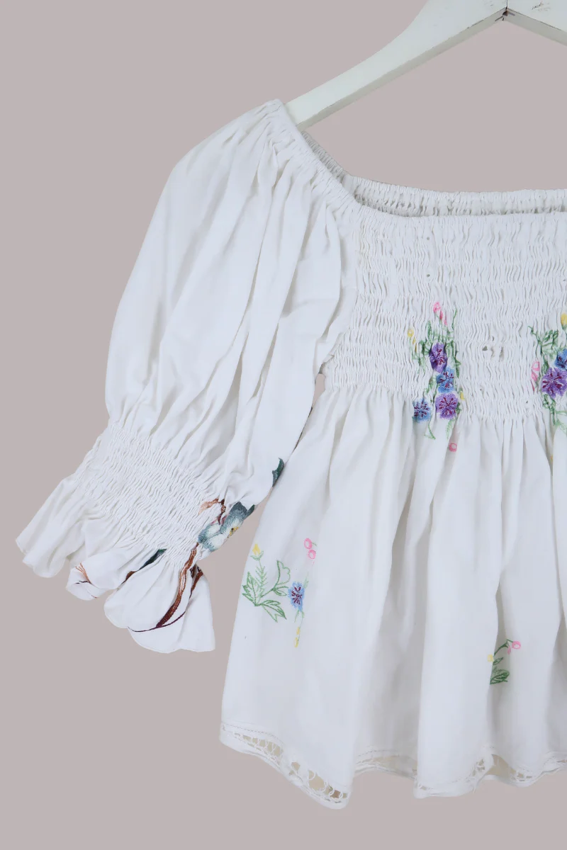 Lucia Vintage Tablecloth Ruched Top in Pastel Purple Pansy Bouquets - Image 2