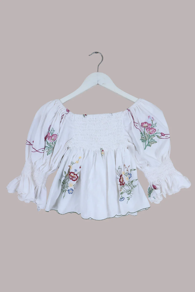 Lucia Vintage Tablecloth Ruched Top in Vivid Red & Blue Meadow