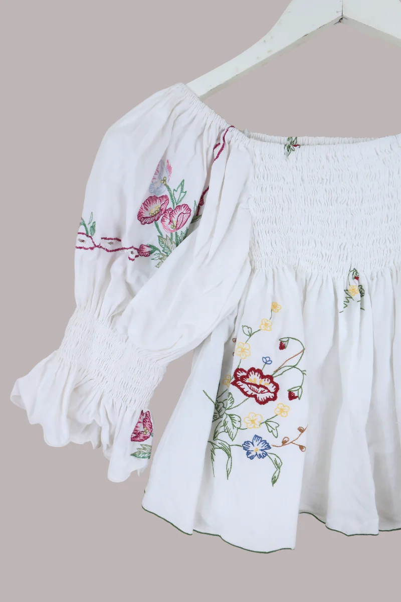 Lucia Vintage Tablecloth Ruched Top in Vivid Red & Blue Meadow - Image 2