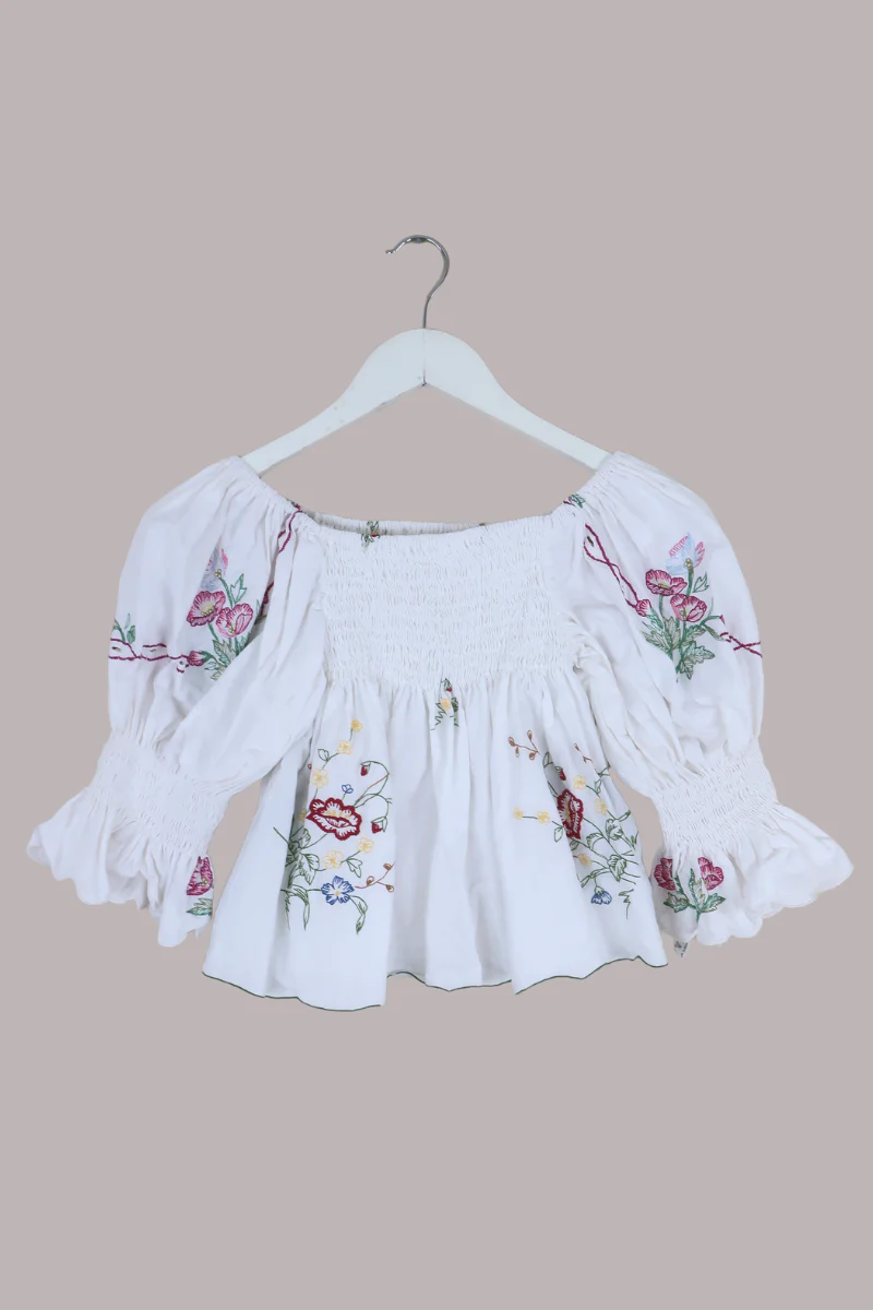 Lucia Vintage Tablecloth Ruched Top in Vivid Red & Blue Meadow - Image 3