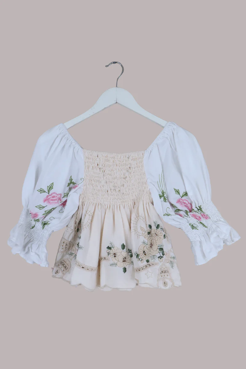 Lucia Vintage Tablecloth Ruched Top in White & Parchment Floral Embroidery