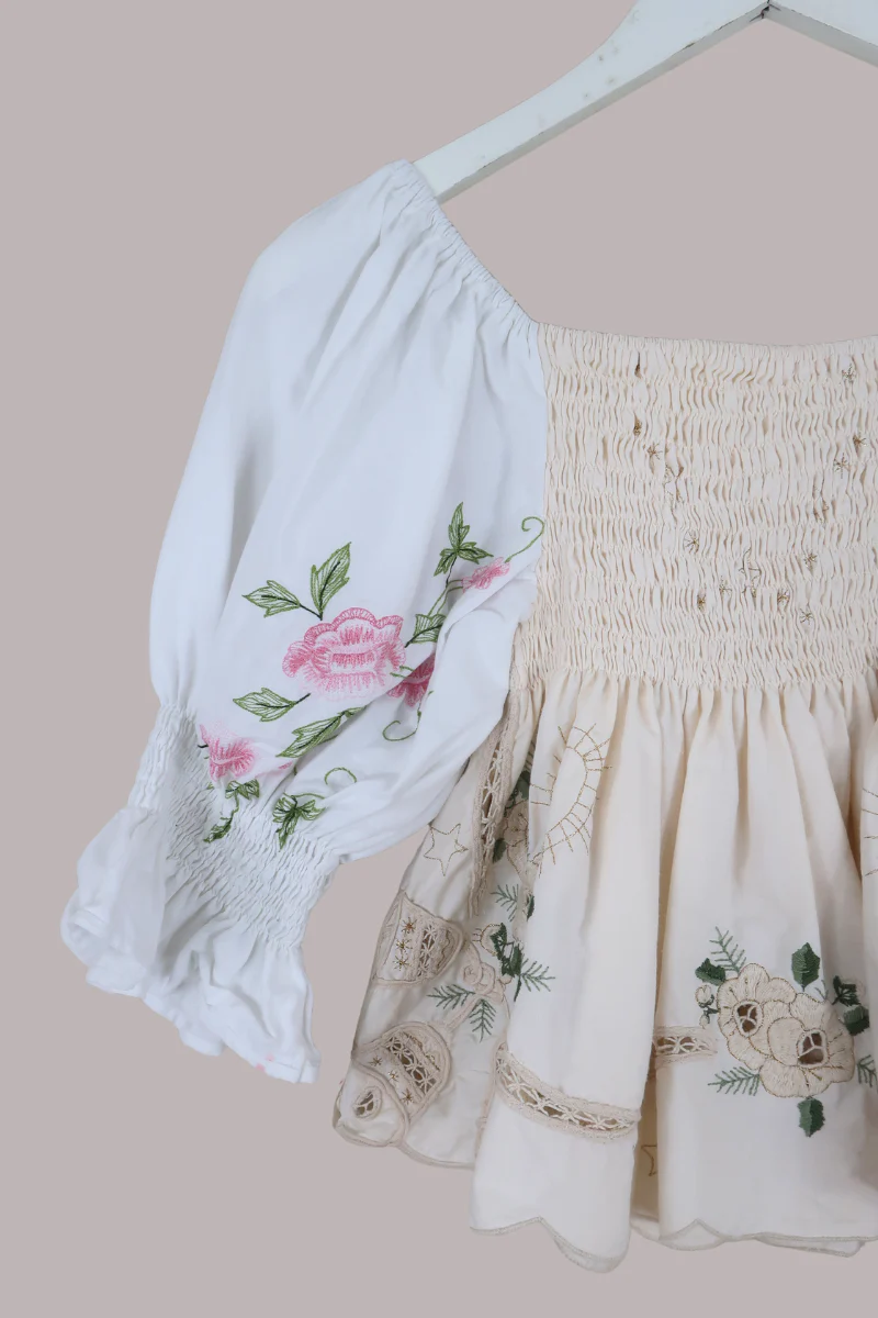 Lucia Vintage Tablecloth Ruched Top in White & Parchment Floral Embroidery - Image 2