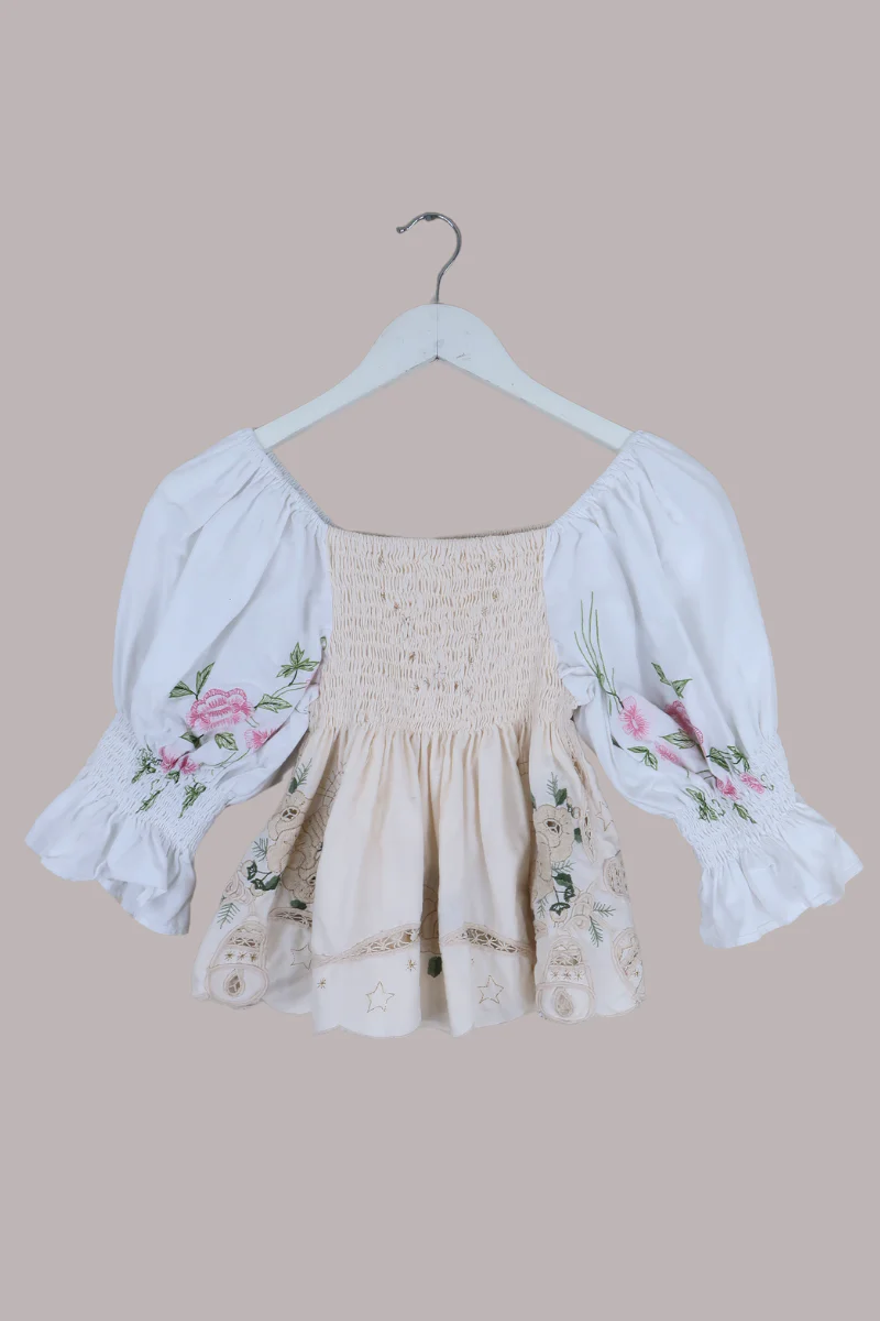 Lucia Vintage Tablecloth Ruched Top in White & Parchment Floral Embroidery - Image 3