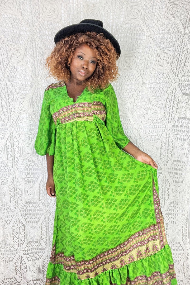 Lunar Maxi Dress - Vintage Indian Sari - Neon Green & Cerise Floral - S/M - Image 2