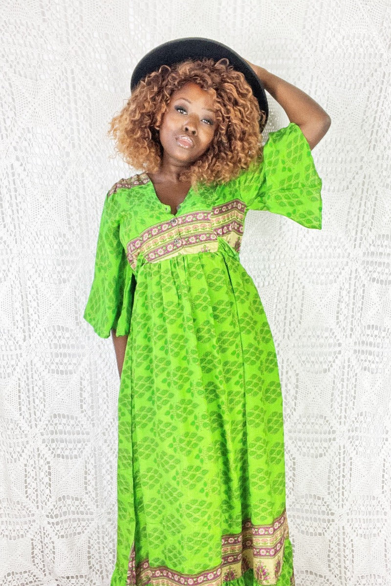 Lunar Maxi Dress - Vintage Indian Sari - Neon Green & Cerise Floral - S/M - Image 3