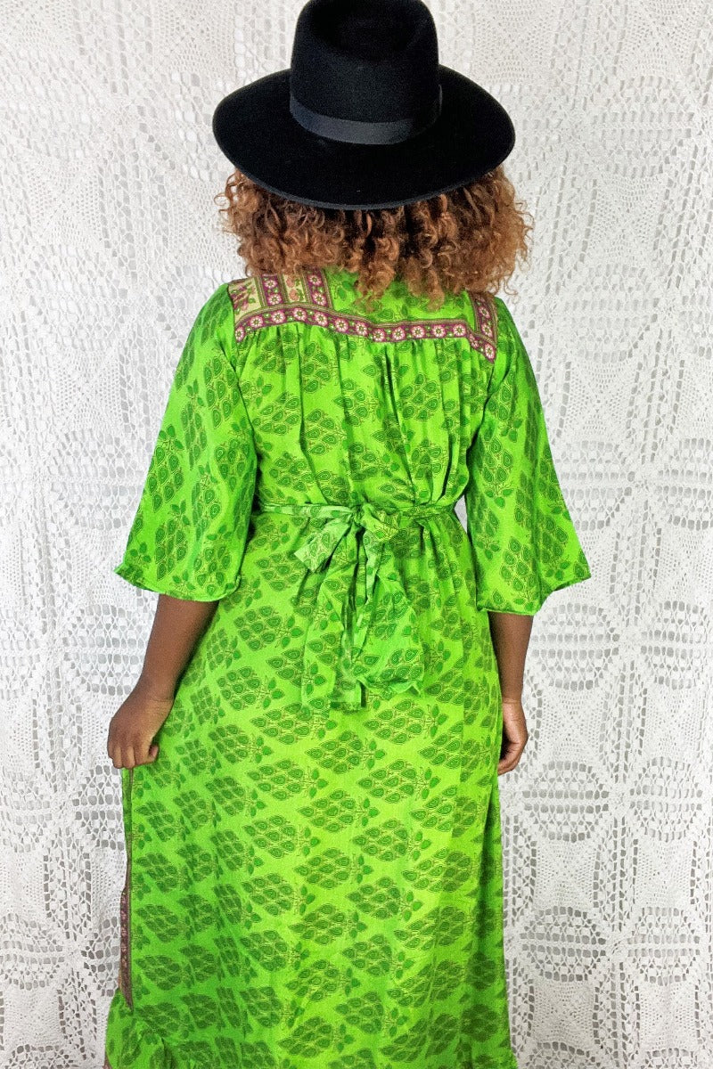 Lunar Maxi Dress - Vintage Indian Sari - Neon Green & Cerise Floral - S/M - Image 4