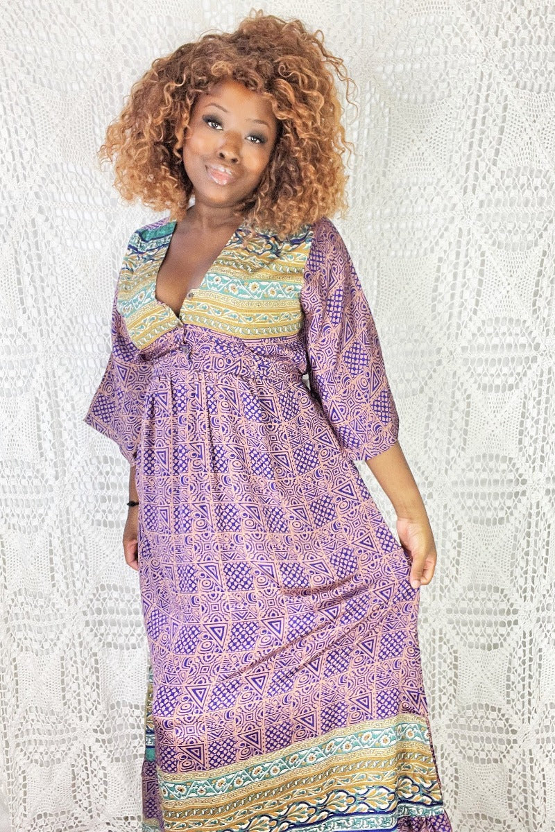 Lunar Maxi Dress - Vintage Indian Sari - Purple Gold & Teal - S/M - Image 2