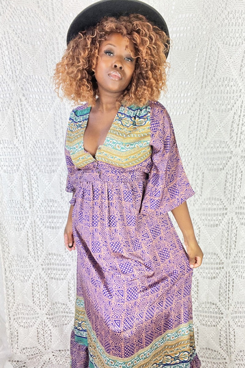 Lunar Maxi Dress - Vintage Indian Sari - Purple Gold & Teal - S/M - Image 4