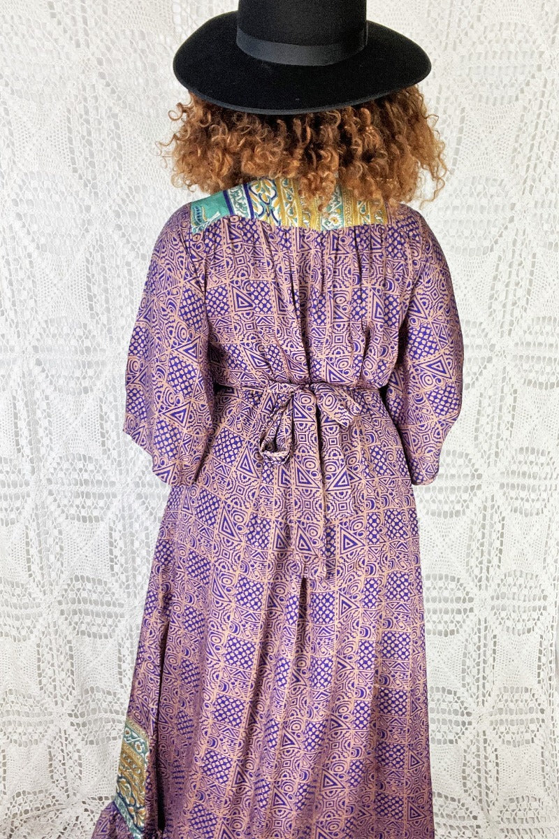 Lunar Maxi Dress - Vintage Indian Sari - Purple Gold & Teal - S/M - Image 5
