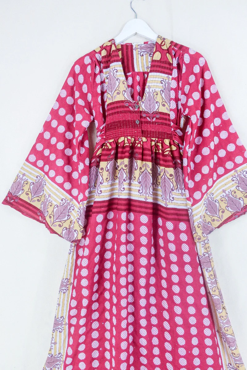 Lunar Maxi Dress - Vintage Sari - Tulip & Lemon Polka Dot - Size XS - Image 2