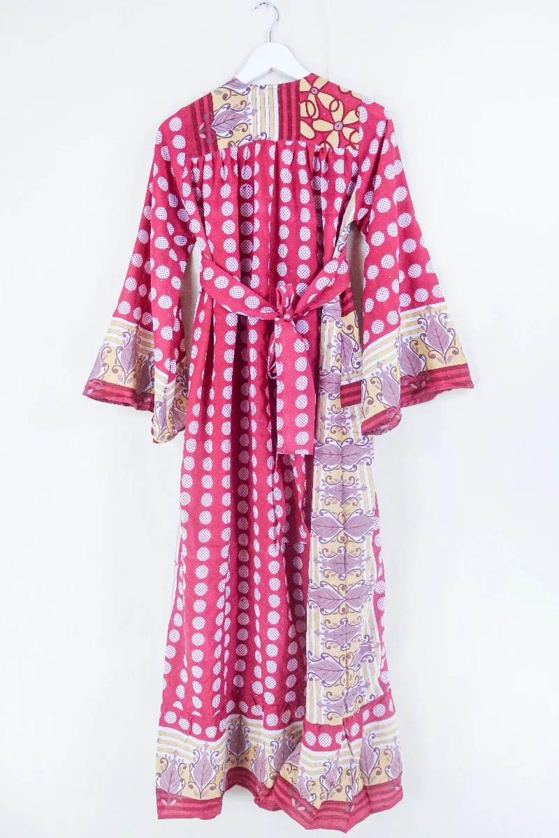 Lunar Maxi Dress - Vintage Sari - Tulip & Lemon Polka Dot - Size XS - Image 3