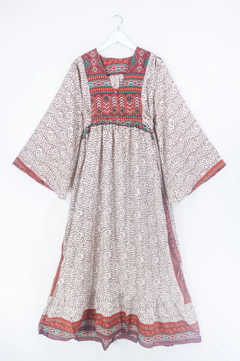 Lunar Maxi Dress - Vintage Sari - Russet & Oat Swirl - Size S/M