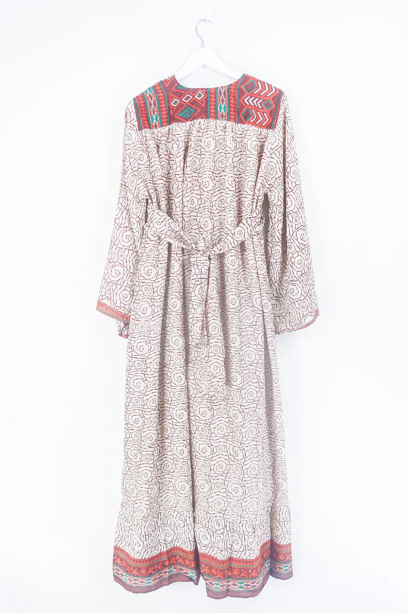 Lunar Maxi Dress - Vintage Sari - Russet & Oat Swirl - Size S/M - Image 3