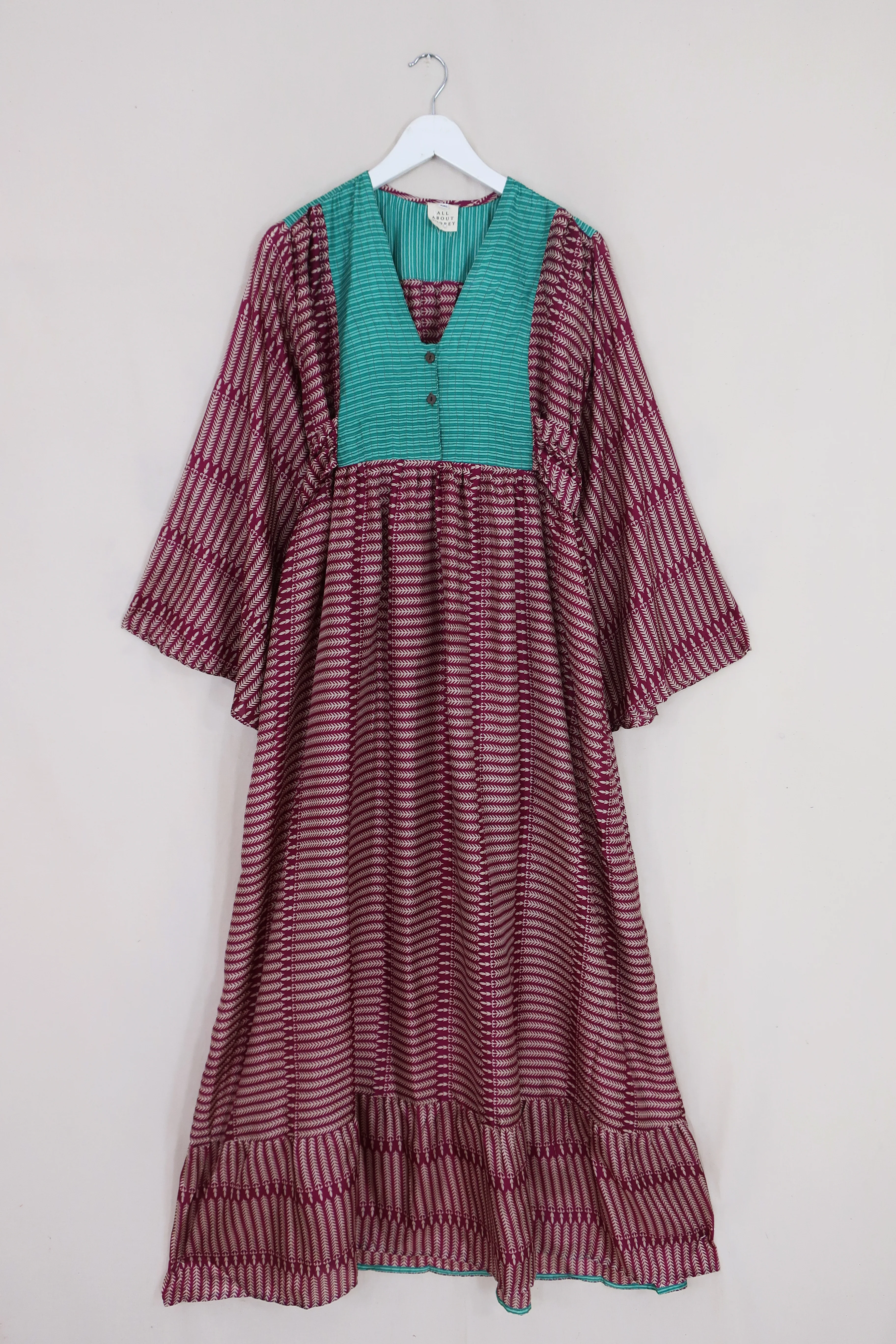 Lunar Maxi Dress - Vintage Sari - Claret Purple Ferns - Size S/M